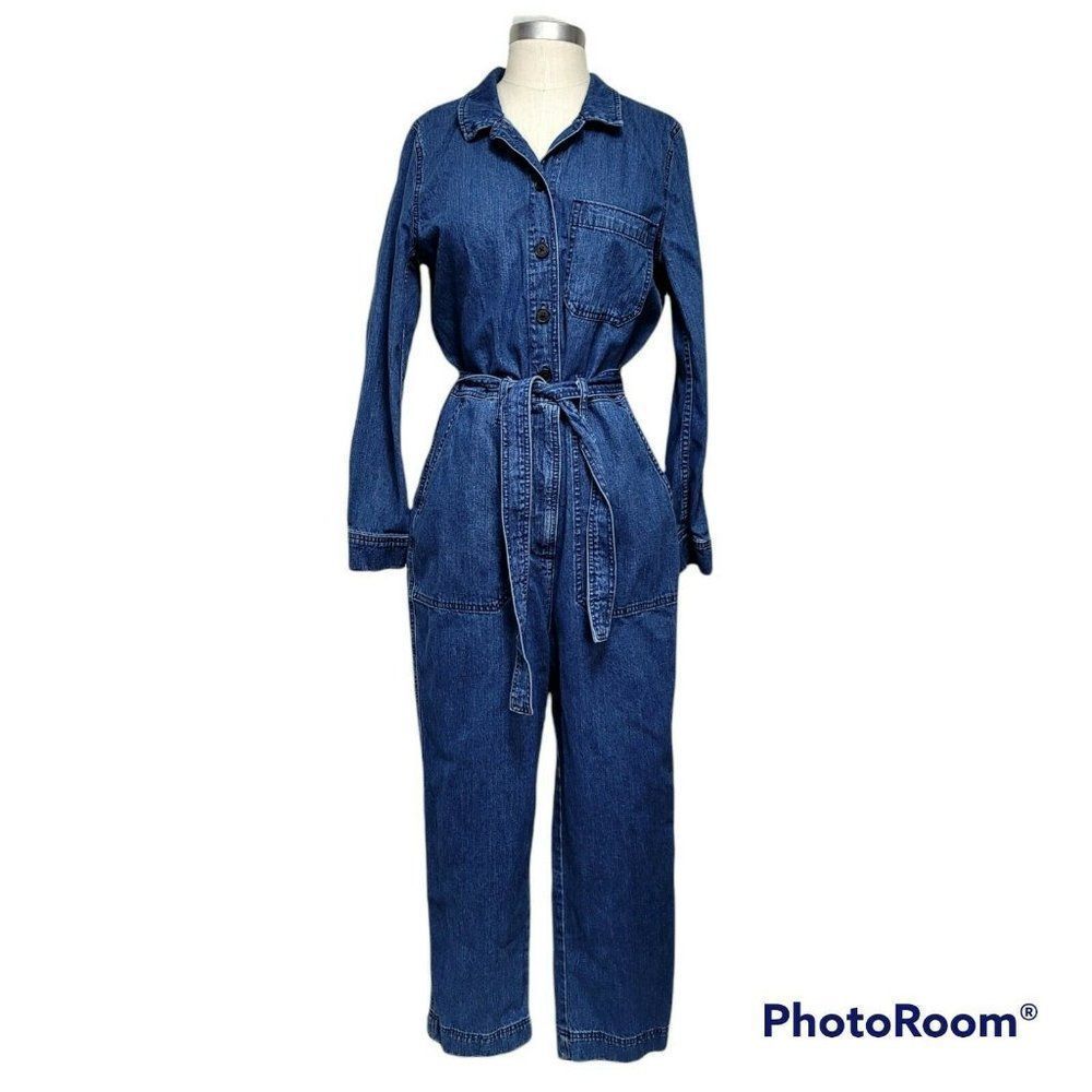 J Crew Point Sur Size 8 Medium Denim Jumpsuit Coverall Tie Belt Long Sleeve